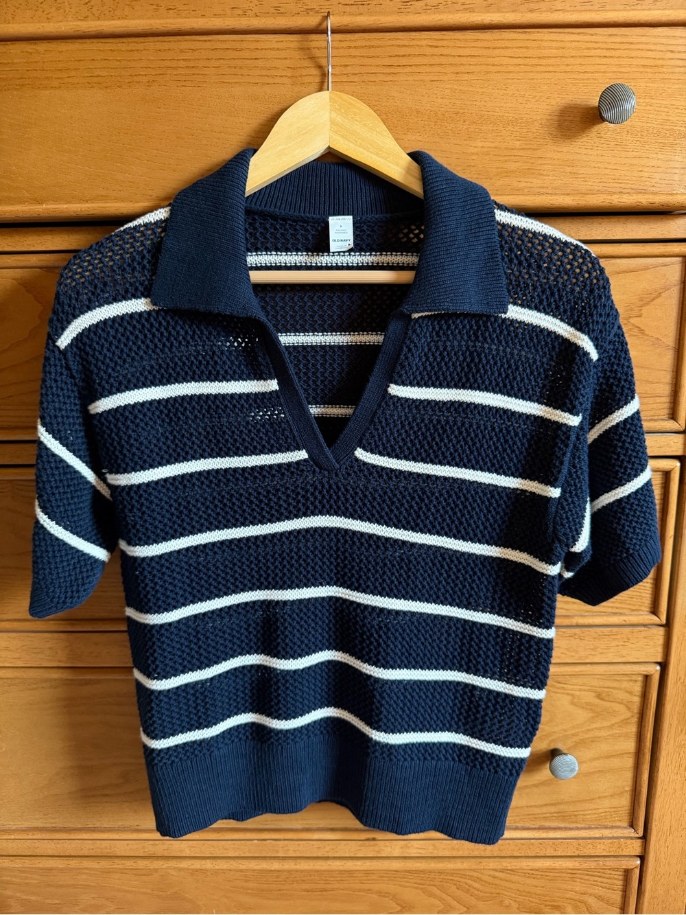 Old Navy Womens Navy White Striped Open Knit Polo Sweater Sz S Coastal Nautical